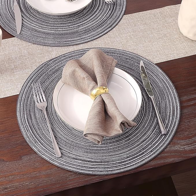 SHACOS Round Placemats Set of 4 Round Braided Placemats 15 inch Cotton Polyester Woven Table Placemats for Dining Table Holiday Party (Black Grey, 4)