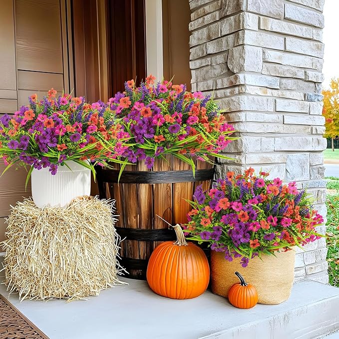 36 Bundles Artificial Flowers for Outdoors Spring Summer Decoration, UV Resistant Eucalyptus Violet and Lavender Silk Fake Plants for Outside Indoor Yard Home Patio Decor, Orange Rose Purple