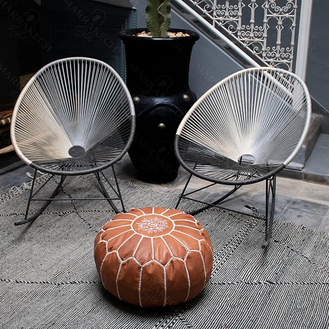 MARRAKESH STYLE Comfortable Leather Ottoman Pouf - Handmade Unstuffed Moroccan Pouf Cover - Round Pouf & Foot Rest Ottoman - Perfect for Living Rooms Bedrooms & Kids Room - Brown