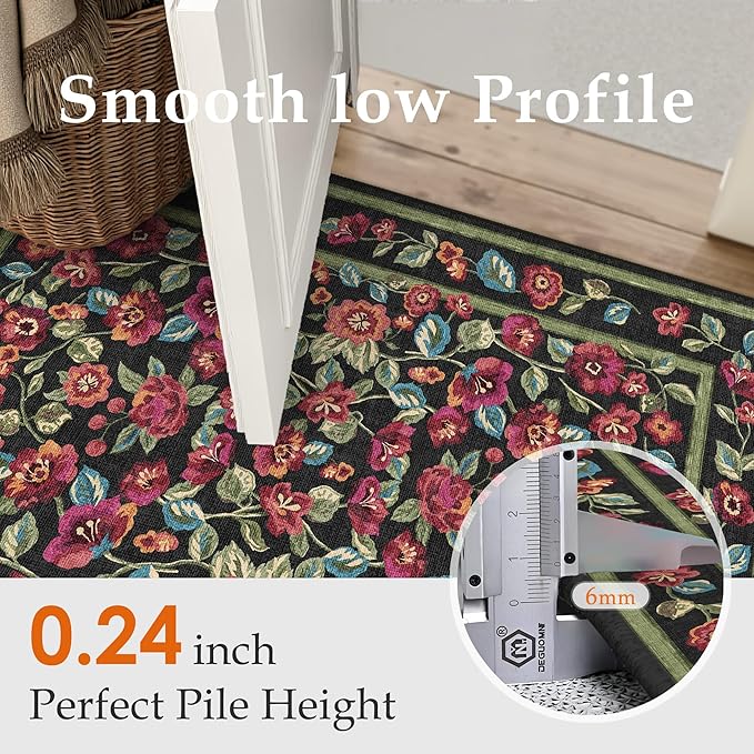 Black Area Rug 2x3 Washable Entryway Door Mat Entrance Non Slip Kitchen Carpet Soft Floral Indoor Vintage Low Pile Accent Throw Rug for Office Dining Room Nursery Bathroom Farmhouse
