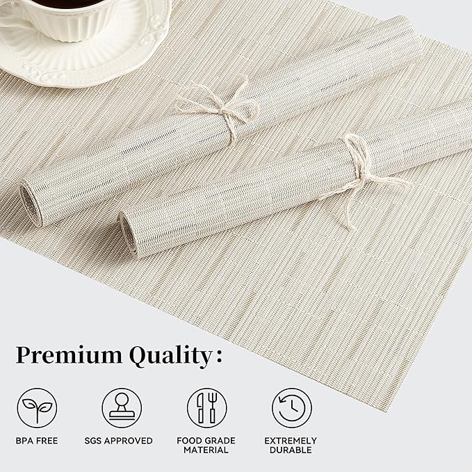 Leetaltree Pale Beige Placemats Set of 6 - Heat Resistant Non-Slip Place mats for Dining Table, Washable Durable PVC Vinyl Woven Table Mats(Pale Beige, 6)