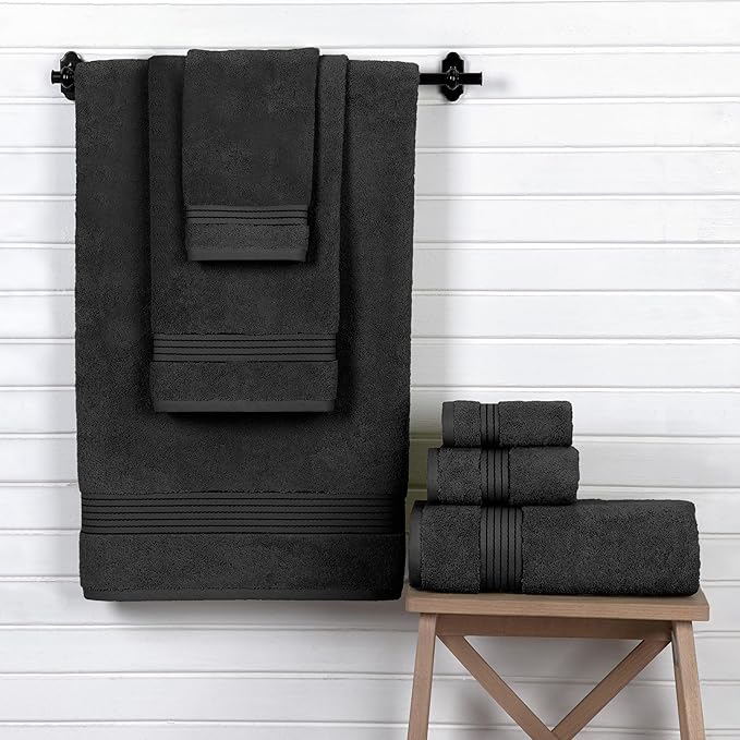 Elegant Comfort Premium Cotton 6-Piece Towel Set, Includes 2 Washcloths, 2 Hand Towels and 2 Bath Towels, 100% Turkish Cotton - Highly Absorbent and Super Soft Towels for Bathroom, Black