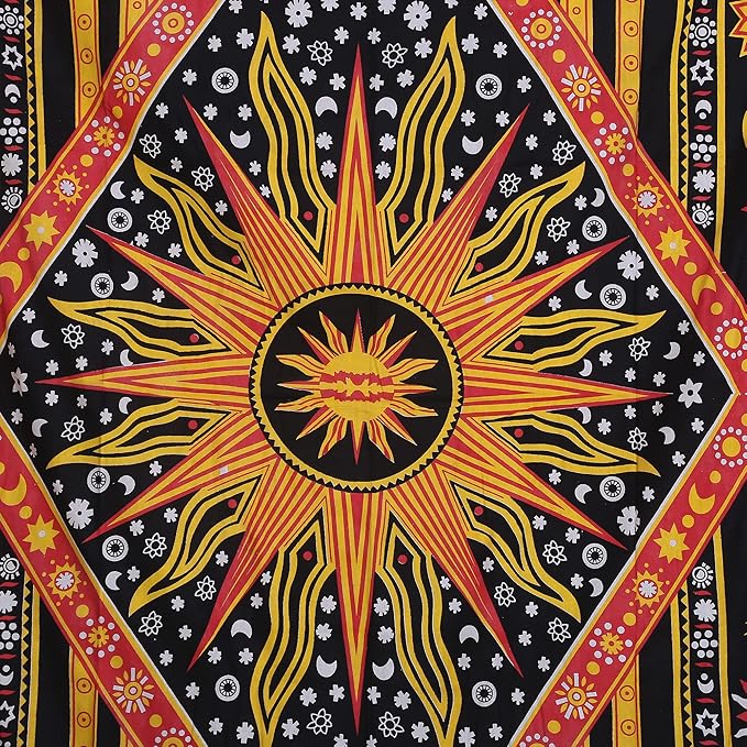 RAJRANG Burning Sun Cotton Tapestry for Bedroom 84x54 Inch Celestial Moon Star Planet Bohemian Indie Hippie Cool Wall Tapestries for Living Room Dorm Decor