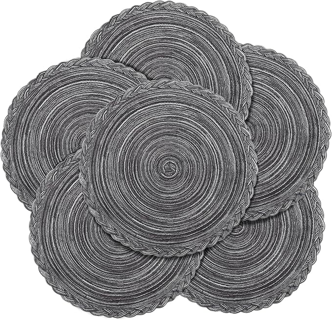 fanquare Round Placemats Set of 6, Gray Braided Placemats 15 Inch Round Woven Placemats Dining Table Mats Cotton Polyester Place Mats for Wedding Party