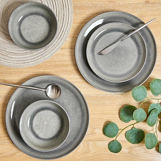 Sango Asher 12-Piece Stoneware Dinnerware Set – Service for 4, Modern Gray with Reactive Glaze, Perfect for Everyday Dining & Entertainment, Microwave & Dishwasher Safe