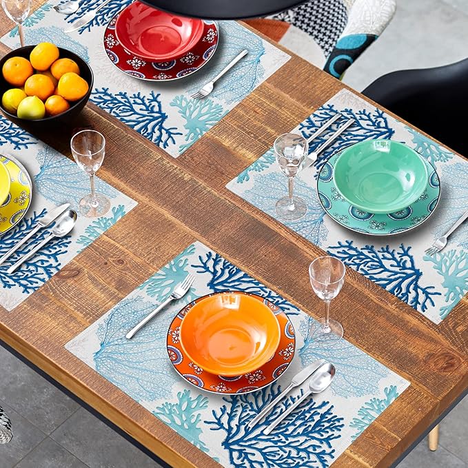 Giwawa Ocean Coral Placemats Set of 4 Summer Blue White Coral Reef Linen Table Place Mat Nautical Sea Marine Seaweed Heat-Resistant Place Mats for Dining Kitchen 12"x18"