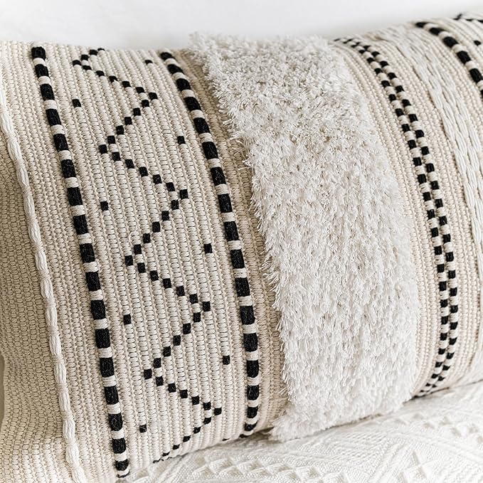 Decorative Lumbar Throw Pillow Cover 12x20 Rectangular Boho Accent Pillowcase Black Neutral White Farmhouse Cushion for Couch Sofa Bedroom Living Home Décor (Cover ONLY, Pack of 1)