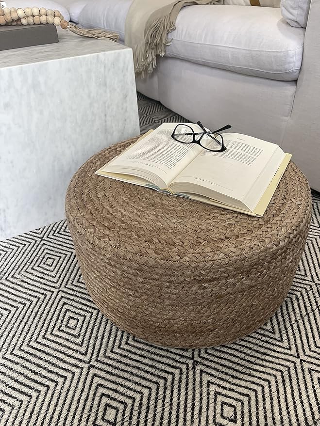 Scandilivin Homes Pouf Ottoman - 100% Natural Jute Braided- Footrest Pouf Hand Knitted - Traditional Cord Boho Pouffe - for The Living Room, Bedroom, Nursery, Patio, Lounge (20" x 20" x 10")