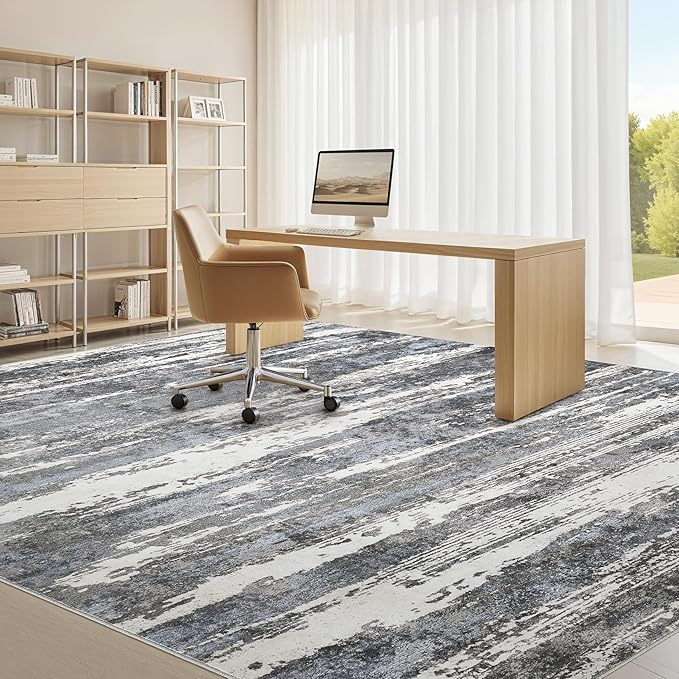 Area Rugs for Living Room: 8x10 Abstract Washable Rug Modern Neutral Large Soft Stain Resistant Non-Slip Backing Machine Table for Bedroom Dining Room Indoor Home Office Carpet - Black/Blue