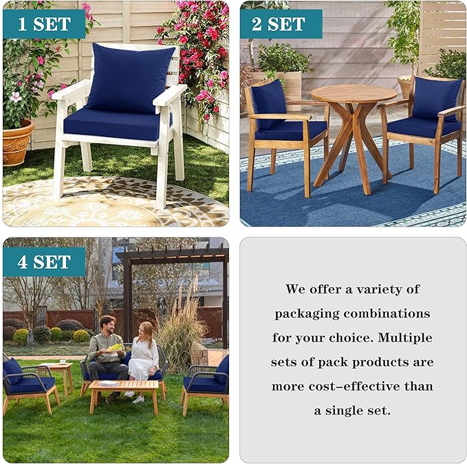 Outdoor Chair Cushions 19x19 Inch, Waterproof Fade Resistant Deep Seat and Backrest Cushion Set for Patio Furniture, Navy, Set of 2