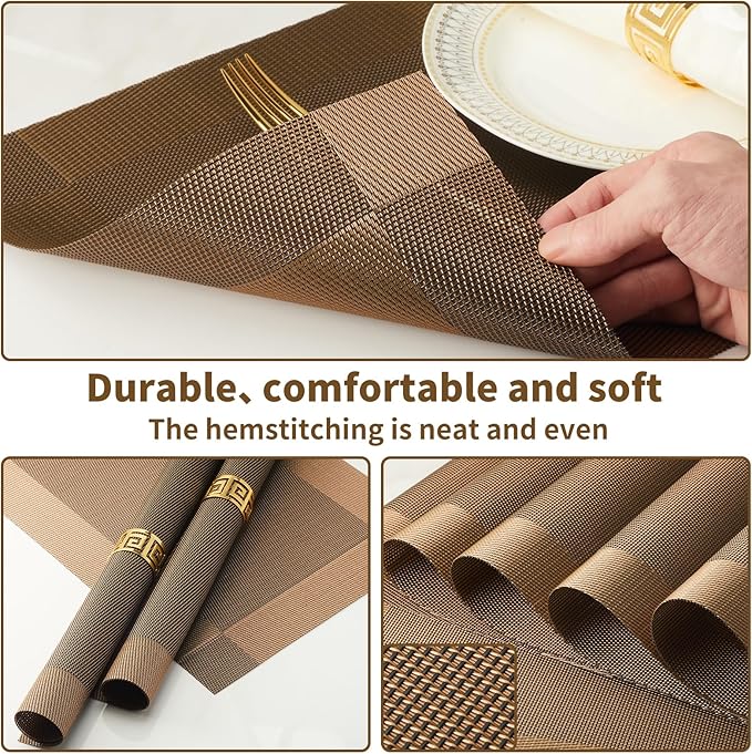 Brown Placemats Set of 8-Durable PVC Vinyl Woven Place Mats for Dining Table Heat Resistant Non-Slip Washable Indoor/Outdoor Table Mats 12 x 17 inch