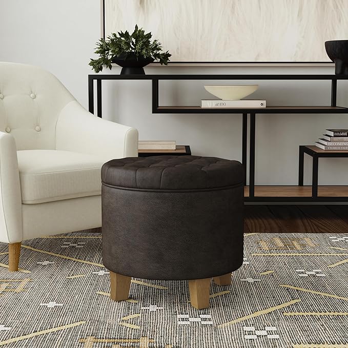 HomePop Home Decor | Upholstered Round Faux Leather Tufted Foot Rest Ottoman | Ottoman with Storage for Living Room & Bedroom | Decorative Home Furniture, Black Faux Leather