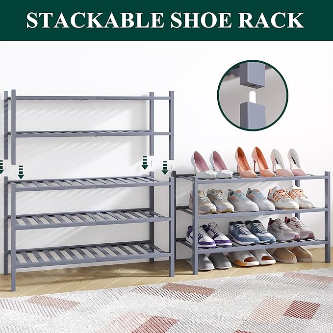 Smiry Bamboo Shoe Rack for Closet, 6 Tier Wooden Stackable Shoe Organizer, Free Standing Shoes Storage Shelf for Entryway, Front Door Entrance, Grey