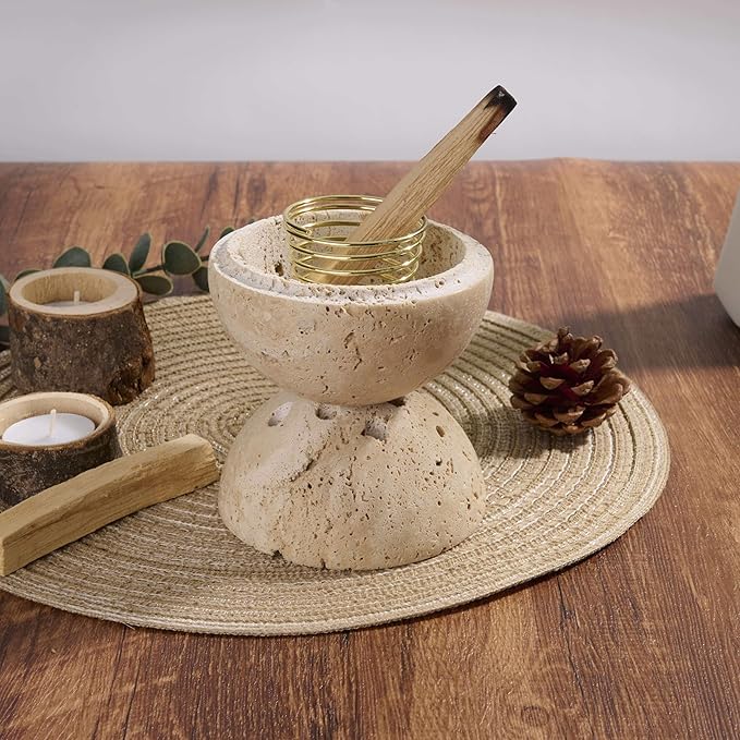 Handmade Travertine Stone Incense Resin Burner Holder – Natural Stone Incense Burner with Brass Insert for Home Decor & Relaxation
