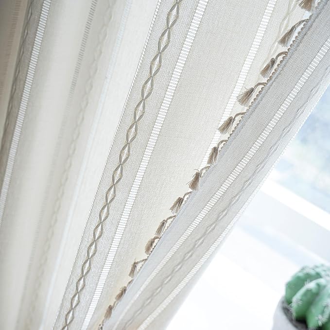 Sutuo Home Boho Curtains for Bedroom Living Room 84 Inches Long, Semi-Blackout Rustic Country Linen Embroidery Vintage Chic Tassels Hollow Window Treatment Bohemian Drape, 1 Panel 52" W x 84" L, Ivory