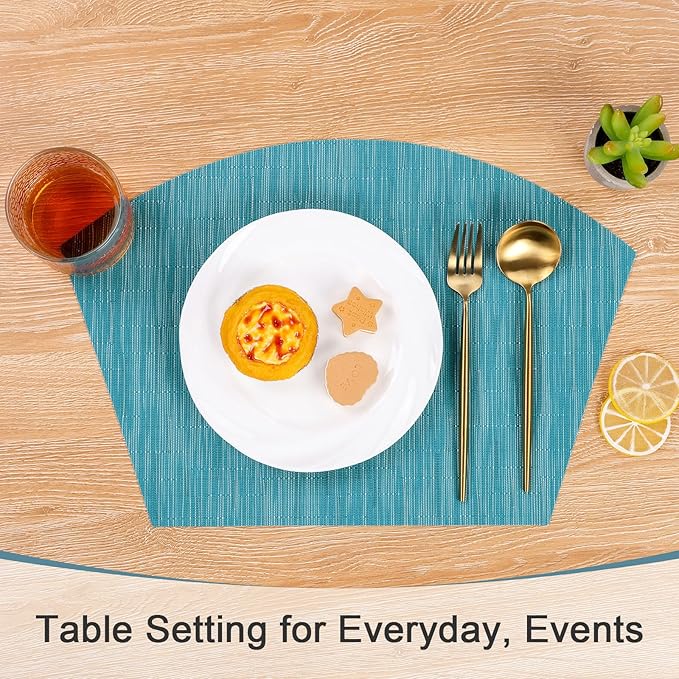 SHACOS Wedge Placemats Set of 8 Woven Vinyl Plastic Placemats for Round Table Place Mats Wipe Clean Non Slip Table Mats, Teal Blue