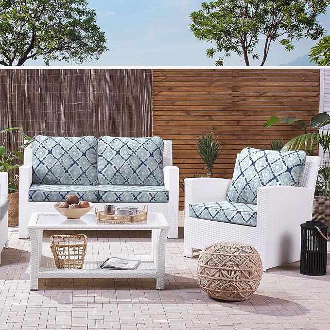 LVTXIII Outdoor Deep Seat Cushion Patio Seat and Back Cushion Set Seasonal Chair Cushion with Removable Cover and Adjustable Buckle for Home and Garden, 24"x24"x4", Boho Geometry Blue