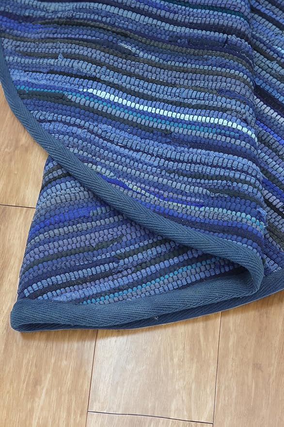 Area Rugs 4Ft Round Navy Blue Cotton Rug Farmhouse Handwoven for Bedroom, Bathroom,Living Room | Boho Reversible Washable RagRug Circle Carpet for Kitchen, Patio, Kids Playroom, Nursery