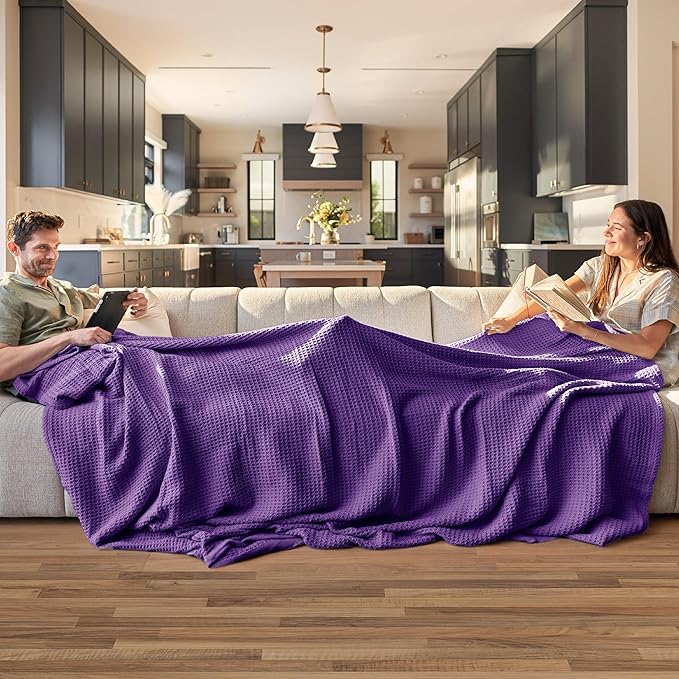 Bedsure 100% Cotton Blanket King Size for Bed - Breathable and Soft, Waffle Weave Blanket for Summer Spring, Purple, 104x90 inches