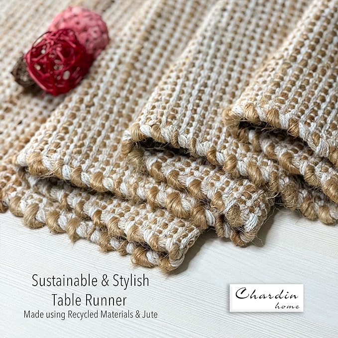 Chardin home Natural Jute Table Runner - 13x72 Inch, Rustic Farmhouse Style - Colors: Natural Jute and Ivory