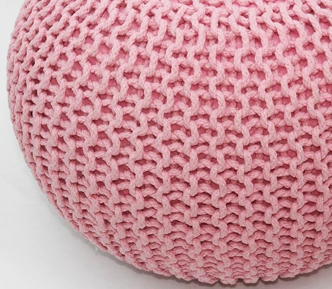COTTON CRAFT Round Pouf - Hand Knitted Cotton Braid Cord Cable Dori Ottoman - Foot Stool - Floor Pouf Footrest Accent Seat Furniture Bean Bag - Living Room Kids Room Nursery Dorm Décor - 20x14 - Pink