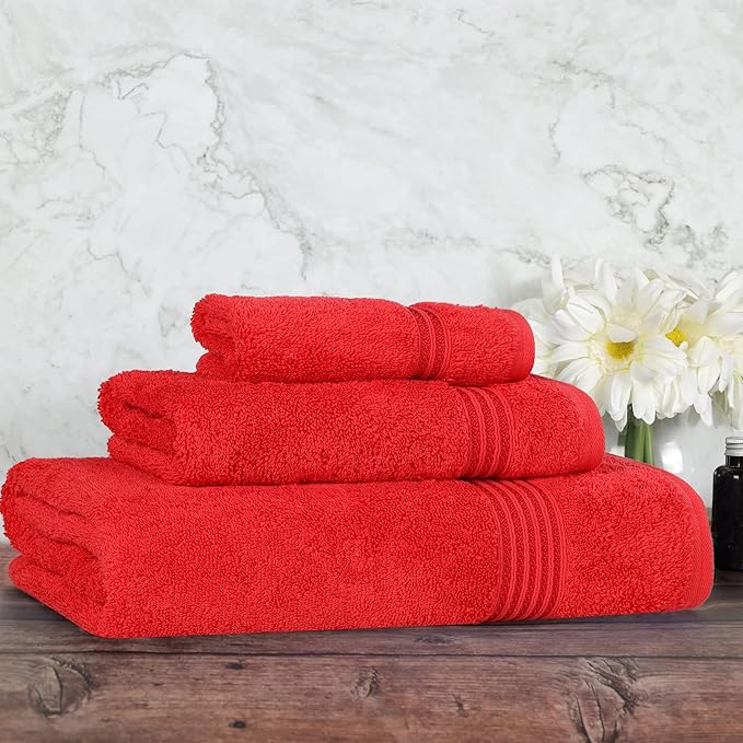 Superior Egyptian Cotton 3-Piece Towel Set, Assorted Towels for Home Bathroom, Master, Guest Bath, Decor Essentials, Includes 1 Bath, 1 Hand, 1 Face Towel/Washcloth, Quick Dry, Absorbent, Red