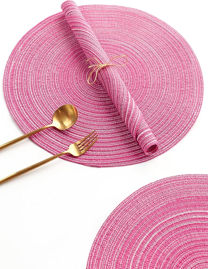 Floroom 15 Inch Round Braided Placemats Set of 4, Washable Heat Resistant Cotton Polyester Circle Place Mats for Kitchen Dining Table - Berry Pink