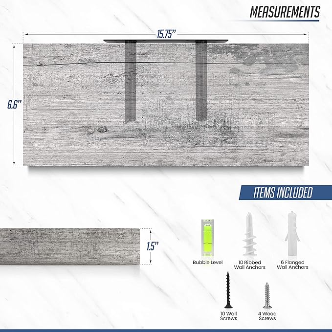 Floating Wall Shelves, 16” Hanging Shelf Set for Living Room, Office, Kitchen, Bathroom &, Perfect Home Room Wall Decor, Rustic Pattern Designed – (Rustic Whitewash 16")