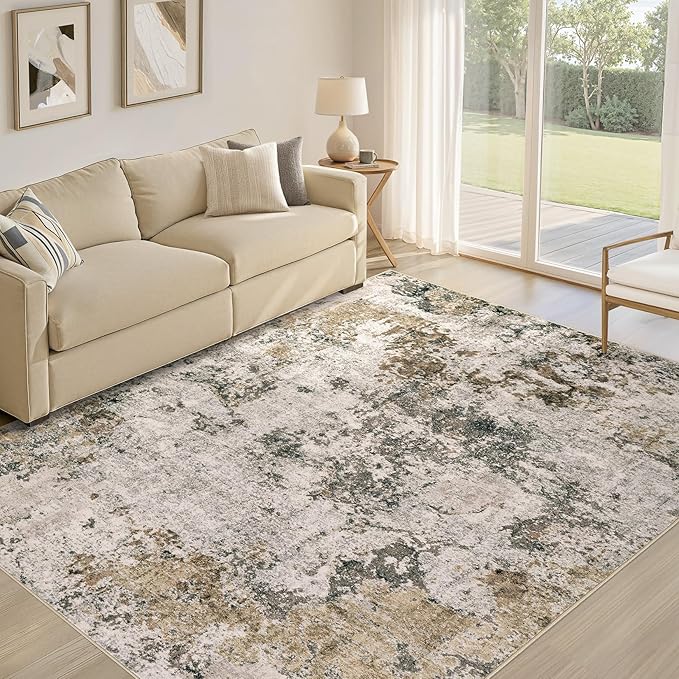 Area Rugs for Living Room: 6x9 Abstract Washable Rug Large Soft Stain Resistant Non-Slip Backing for Bedroom Dining Room Indoor Home Office Carpet for Kids Pet Friendly Families - Dark Brown