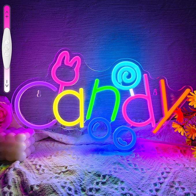 Candy Neon Sign USB Powered LED Bunny Candy Neon Signs Dimmable LED Neon Lights for Bedroom Candy Bar Shop Candy Cart Display Halloween Party Candy Land Party Art Decoration Birthday Gifts
