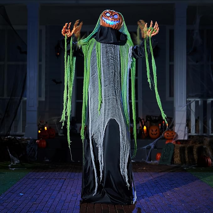 JOYIN 72" Halloween Decorations Outdoor Life Size Animatronics Ghost Pumpkin Decor, Sound-Actived Haunted House Props with Creepy Sound for Garden Yard Lawn