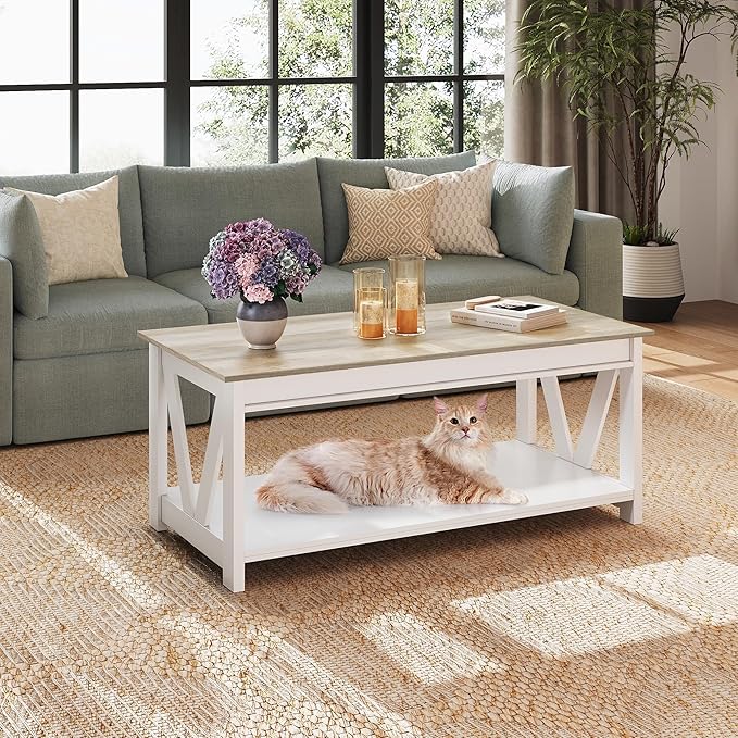 WLIVE Coffee Table, 43" Farmhouse Coffee Table with Storage Shelf & Sturdy V-Shaped Support, Wood Center Table for Living Room, Bedroom, Office and Balcony, White