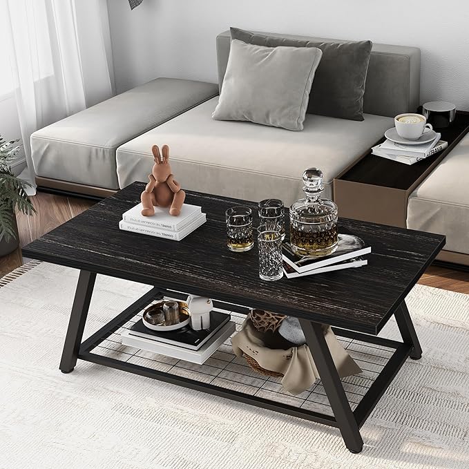 Tohomeor 2-Tier Industrial Coffee Table Mnimalist Vintage Farmhouse Wooden and Metal Living Room Coffee Table with Storage Shelf Accent Furniture (Charcoal Black)