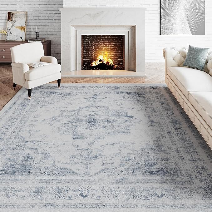 Area Rug 4x6 Washable Blue Rug Vintage Boho Medallion Entryway Door Mat Distressed Retro Carpet Non Slip Low Pile Small Soft for Office Kitchen Bedroom Laundry Bathroom Hallway