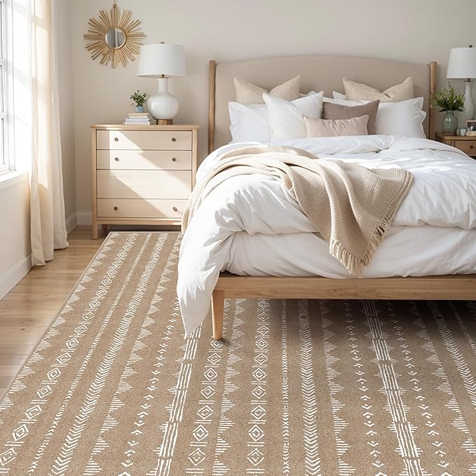 Area Rug 6x9 Living Room Distressed Area Rugs, Non Slip Washable Rugs Large Moroccan Boho Farmhouse Rug for Bedroom Dining Room, Neutral Low Pile Indoor Floor Carpet, Coffee