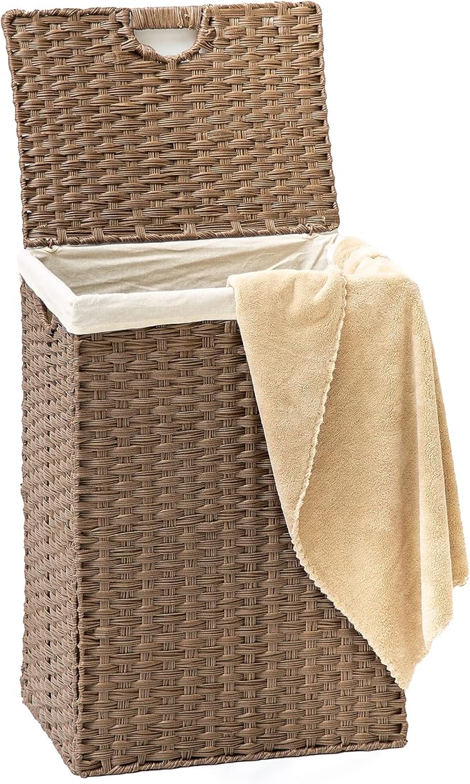 Synthetic Wicker Laundry Hamper Basket with Lid and Liner (Brown)