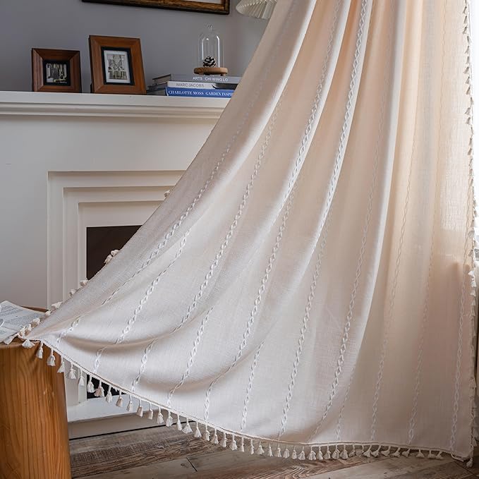 Sutuo Home Boho Curtains for Bedroom Dining Room Kitchen, Semi Blackout Linen Farmhouse Shabby Chic Tassels Window Treatment Bohemian Embroidery Drape, Rod Pocket 1 Panel 52" W x 63" L Champagne