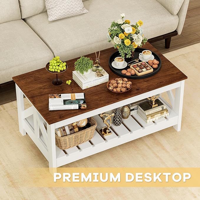 JUMMICO 39” Farmhouse Coffee Table for Living Room, 2-Tier Modern Living Room Table with Storage Shelf, Rustic Rectangular Center Table Space Saving Home Furniture (Rustic Brown & White)