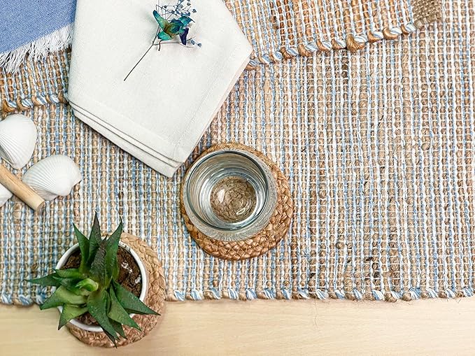 Chardin Home Natural Jute Table Runner 13x36 Inch – Vintage Boho Rustic Table Decor – Handwoven Jute Table Runner in Natural and Blue – Farmhouse Dining or Console Table Accent