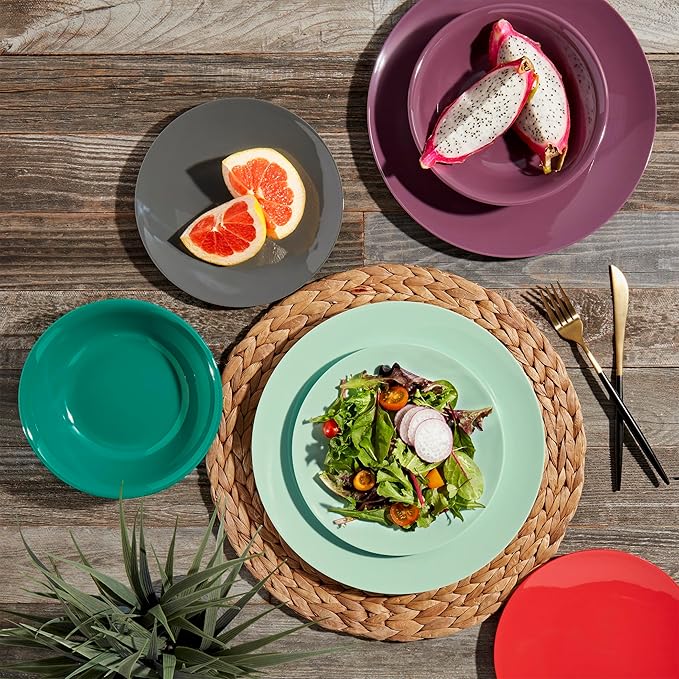 Tabletops Gallery 12 Piece Dark Green Melamine Dinnerware Set Plates Bowls for Indoor Outdoor Use, Service for 4, Emerald