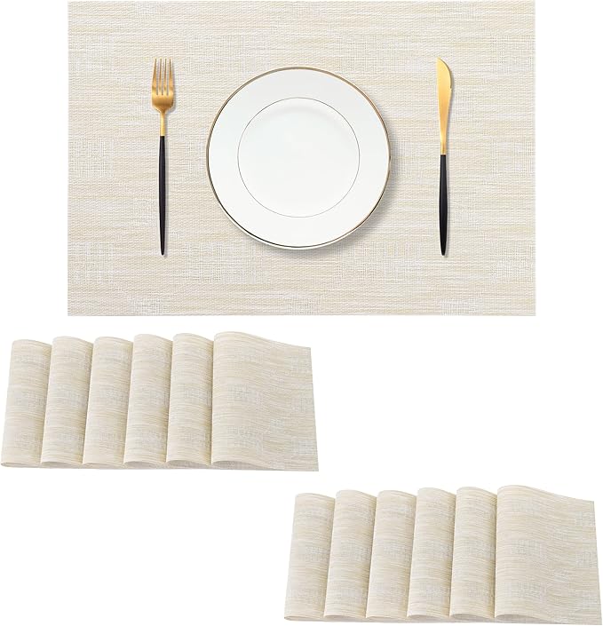 Leetaltree Wheat Placemats Set of 12 - Heat Resistant Non-Slip Place mats for Dining Table, Washable Durable PVC Vinyl Woven Table Mats(Wheat, 12)