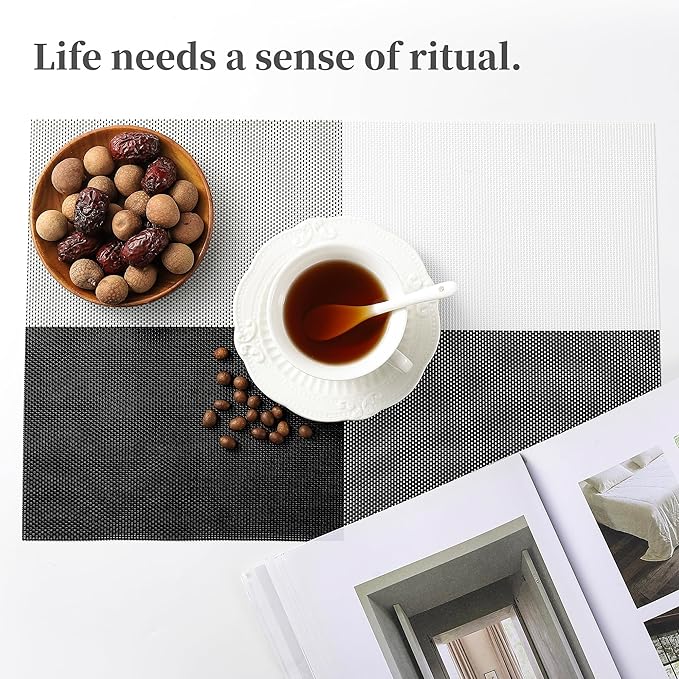 Leetaltree Gray with White Grid Pattern Placemats Set of 8 - Heat Resistant Non-Slip Place mats for Dining Table, Washable Durable PVC Vinyl Woven Table Mats(Grey Grid, 8)