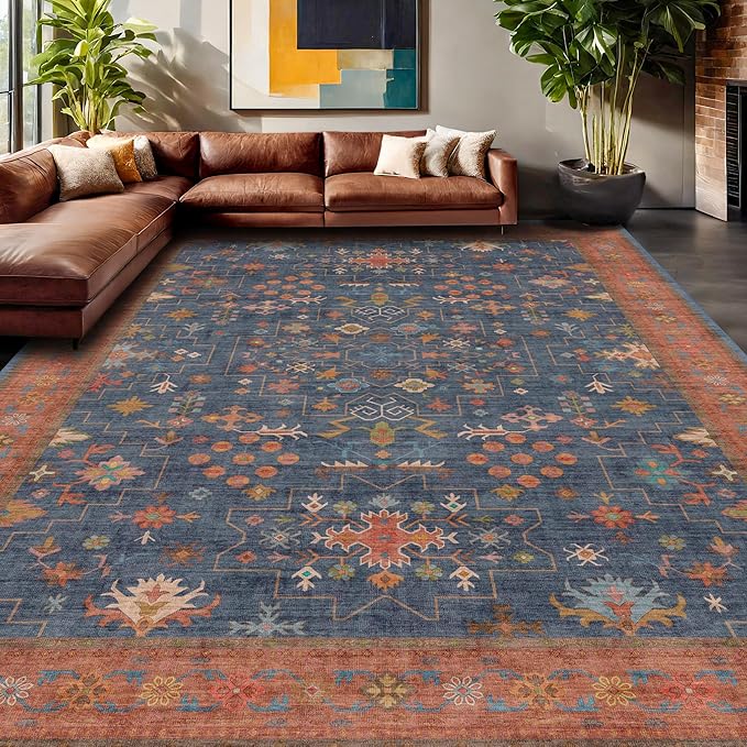 Boho Navy Blue 10x12 Area Rug for Living Room, Extra Large Dining Room Rugs for Under Table, Soft Low Pile Carpet for Bedroom - Vintage Floral Rug, Non-Slip, Lightweight & Stain Resistance