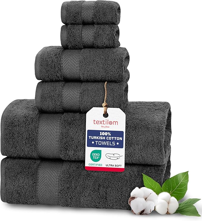 TEXTILOM 6 Pcs Bath Towel Set – Hotel and Spa Quality & Soft & Absorbent & Quick Dry Bath Towels for Bathroom –100% Turkish Cotton Bathroom Towels Set (2 Bath Towels,2 Hand Towels,2 Washcloths)-Black