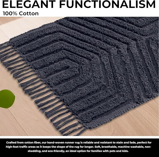 Boho Bathroom Rug 2' x 3', Washable Hand-Woven Tufted Cotton Rug with Tassels for Entryway 24x36 inch, Foyer, Bedroom, or Kitchen - Dark Grey