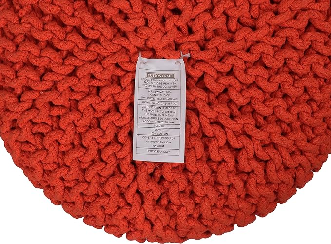 COTTON CRAFT Braided Round Pouf - Hand Knitted Cotton Cord Cable Dori Cylindrical Ottoman - Foot Stool - Floor Pouf - Footrest - Accent Seat - Living Room Bedroom Dorm Décor - 15 Round x 16 H - Orange