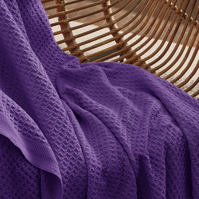 Bedsure 100% Cotton Blanket King Size for Bed - Breathable and Soft, Waffle Weave Blanket for Summer Spring, Purple, 104x90 inches