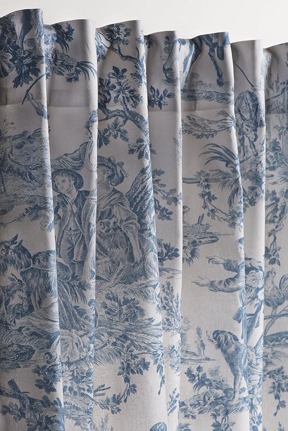 Maison d' Hermine Curtains for Living Room 100% Cotton 124 inch Length One Panel Light Filtering Toile Curtains for Bedroom Windows with Rod and Loop Pockets Drapes (The Miller Denim, 50" W x 124" L)