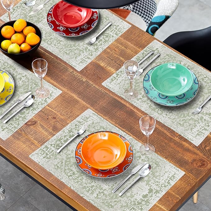 Gray Light Green Boho Placemats Set of 6 Ethnic Bohemian Carpet Place Mats Washable Kitchen Dining Vintage Grey Geography Floral Linen Table Mats Stain Heat-Resistant for Home Party Indoor 12x18 in
