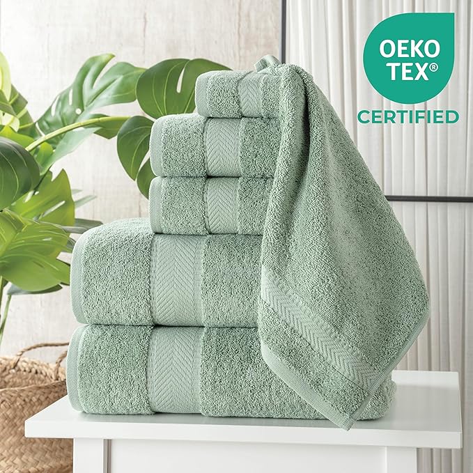 TEXTILOM 6 Pcs Bath Towel Set – Hotel and Spa Quality & Soft & Absorbent & Quick Dry Bath Towels for Bathroom –100% Turkish Cotton Bathroom Towels Set (2 BathTowels,2 Hand Towels,2 Washcloths)-Green